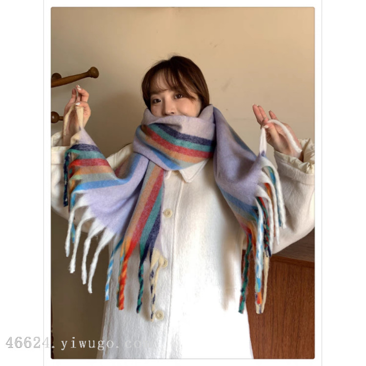 Cross-border scarf wholesale e-commerce live-streaming supply chain, cotton candy series rainbow vertical thick whiskers details Picture