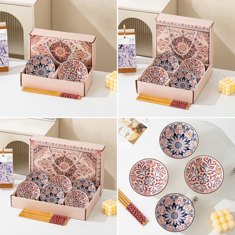 Ceramic gift tableware set, bowl set, bowl set, chopsticks set, gift box, four bowls and four chopsticks, opening event gifts Item Picture