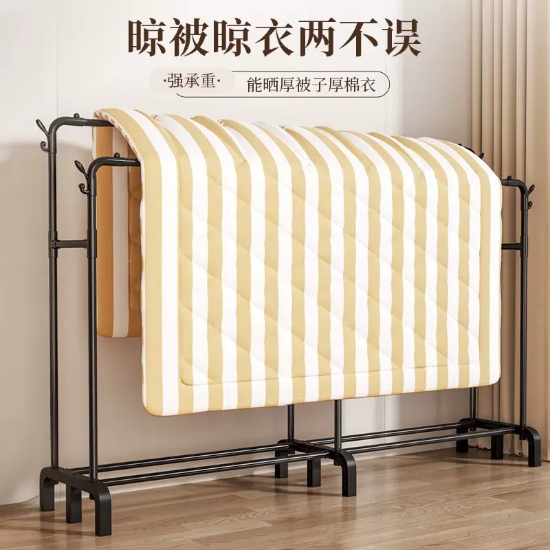 Double-row clothes drying rack, indoor balcony quilt rack, double-bar clothes hook, thickened model, floor-standing details Picture
