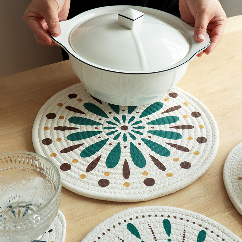 Hot-selling Japanese-style printed cotton rope heat insulation pads, placemats, plate pads and coasters in stock