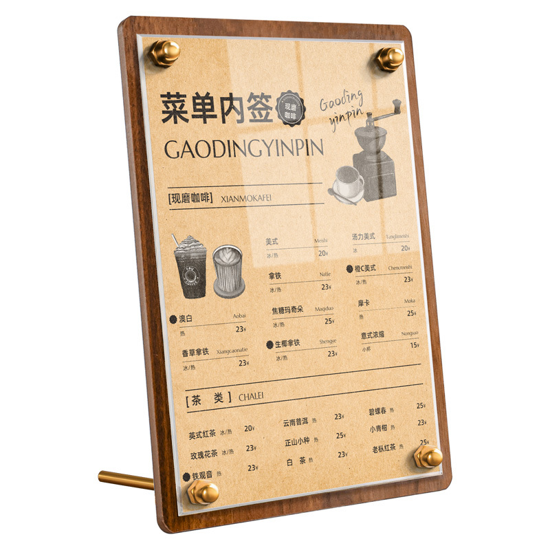 Acrylic table card display board, business license, honor certificate display stand, restaurant catering price list, desktop standing board Application Scenario