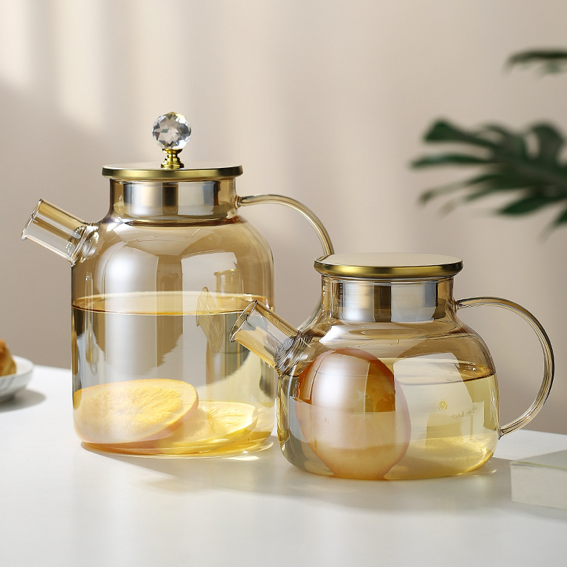 Glass cold water bottle, cool water bottle, high borosilicate glass large-capacity cold water cup, tied pot, amber gold light luxury bamboo lid pot Specification image