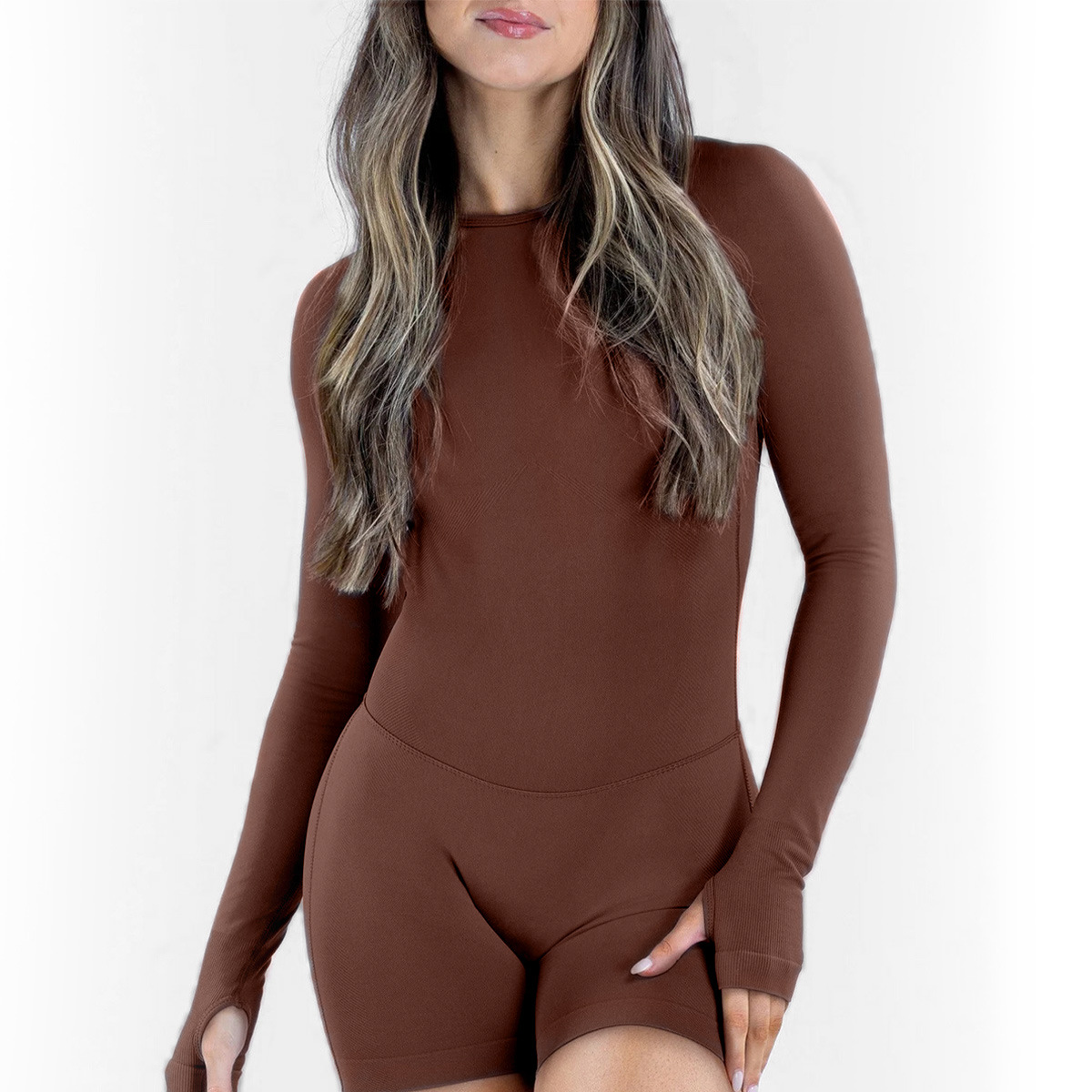 DF's same style backless jumpsuit, long-sleeved yoga wear, jumpsuit shorts, women's lift, figure-hugging, outdoor fitness, summer thin style Specification image