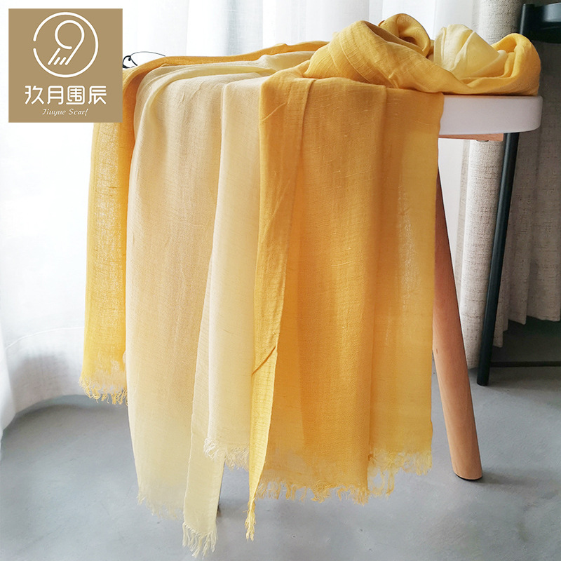 Foreign trade cotton, linen, linen and silk scarves, women's autumn and winter gradient color block, Japanese and Korean ladylike forest women's style bamboo chiffon shawl