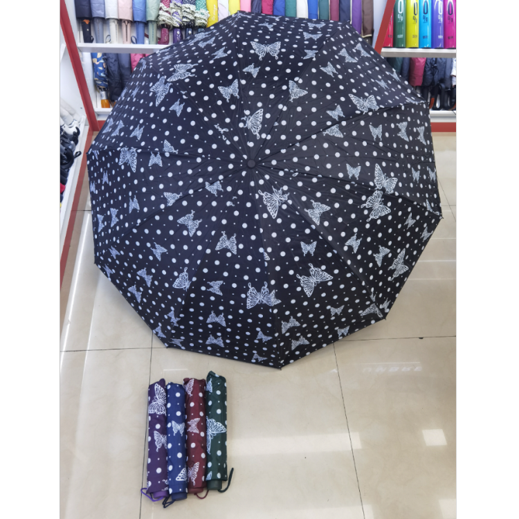 New three-fold umbrella, folding hand-opening portable umbrella, black plastic butterfly polka dot pattern umbrella, enlarged and thickened sunshade umbrella Specification image