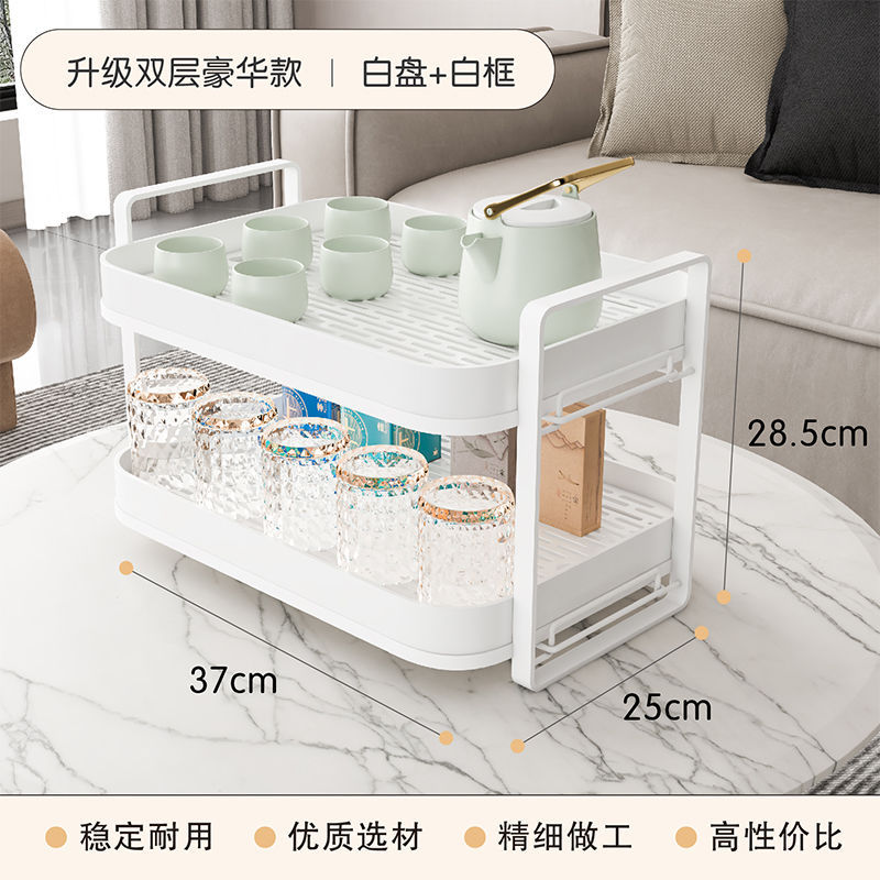 A double-layer household storage rack with a tray for drying glass cups, draining water, and placing tea cups and water bottles Application Scenario