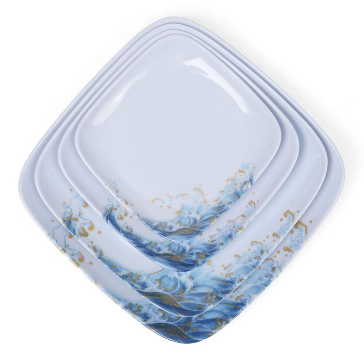 Square melamine tableware, melamine plates, golden wave pattern kitchen plates, snack and pastry storage deep plates Item Picture