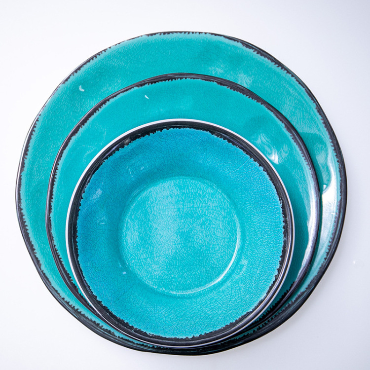 Wholesale of lake blue ice-patterned melamine tableware for restaurants, commercial anti-drop bowl and plate sets, LOGO production, pattern customization Item Picture
