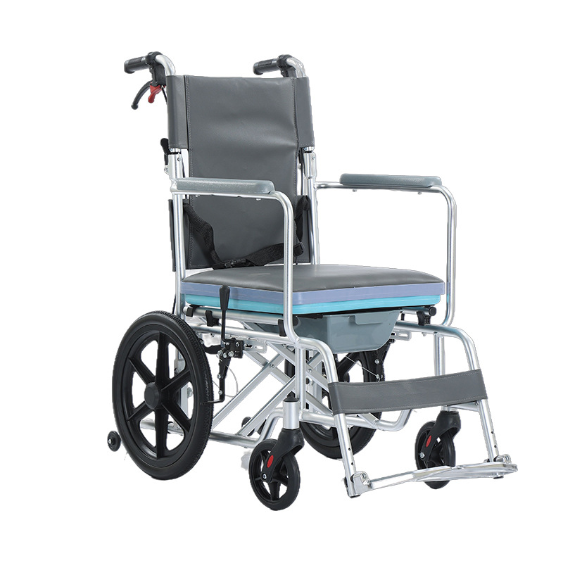 The aluminum alloy multi-functional wheelchair for the elderly can be used for bathing, has a toilet seat, and is lightweight and foldable. It is a manual trolley for the disabled Specification drawing