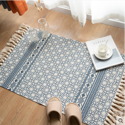 Cotton and linen household bedroom floor MATS, bedside floor MATS, living room sofa and coffee table, hand-fringed carpet, machine washable Item Picture