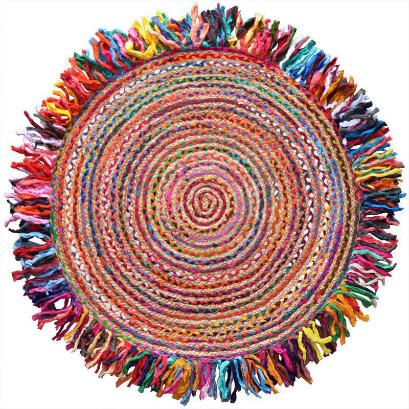 Rainbow-style Indian jute pure cotton mixed woven round tassel carpet, ethnic style ins sofa bedroom floor mat Item Picture