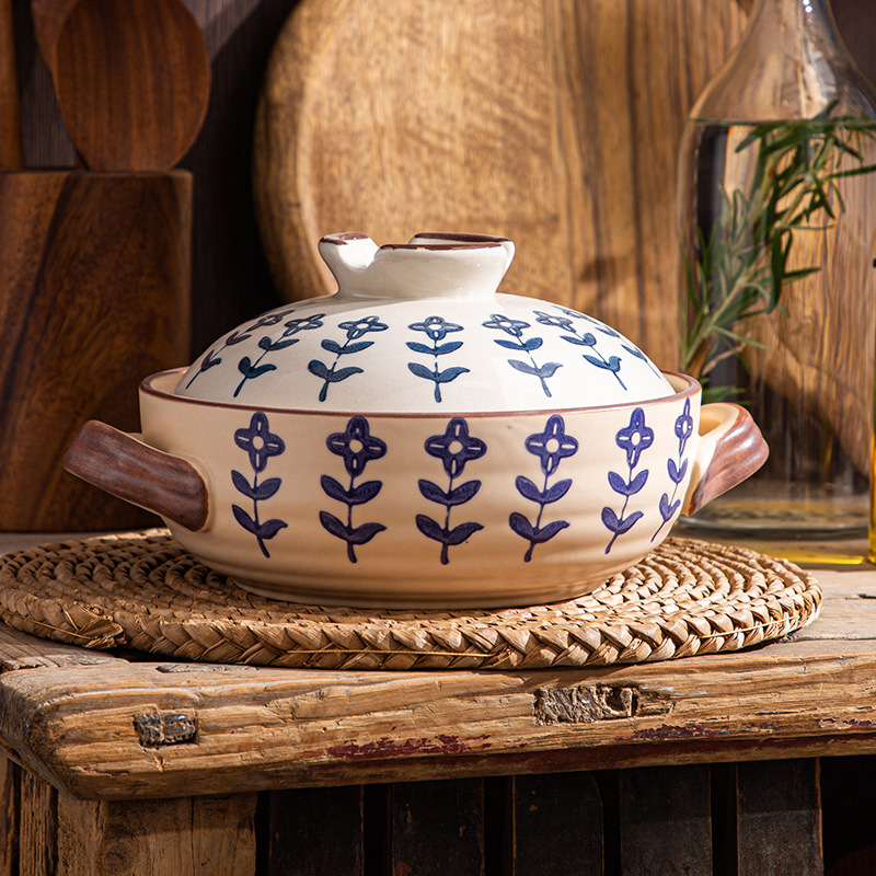 Wholesale of Japanese-style ceramic earthenware POTS, shallow simmering, retro style, hand-painted, heat-resistant household eggplant POTS and open flame frying pans Specification image