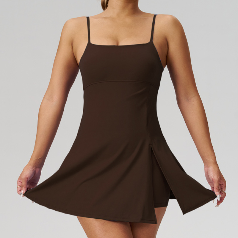 跨境欧美爆款美背透气瑜伽连衣裙防走光打底带胸垫户外网球运动裙产品图