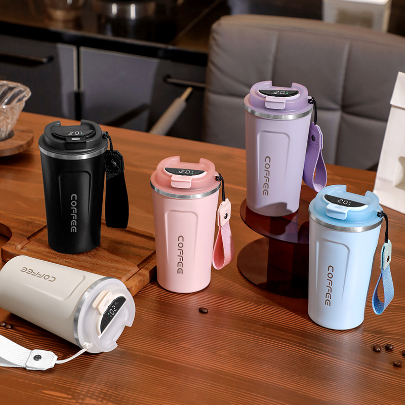 Wholesale of cross-border 304 stainless steel coffee cups, smart temperature-measuring insulated cups, outdoor car water cups, portable and easy-to-use cups details Picture