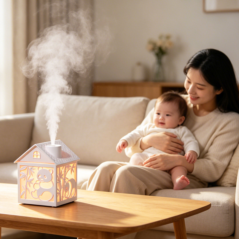 木屋加湿器创意新款七彩氛围灯大雾量家用办公桌面增湿香薰加湿器 Item Picture