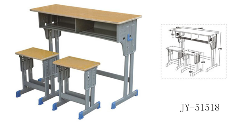 JY-51518 double-person double-column single-layer solid wood multi-layer board desks and chairs with double-column small square stools