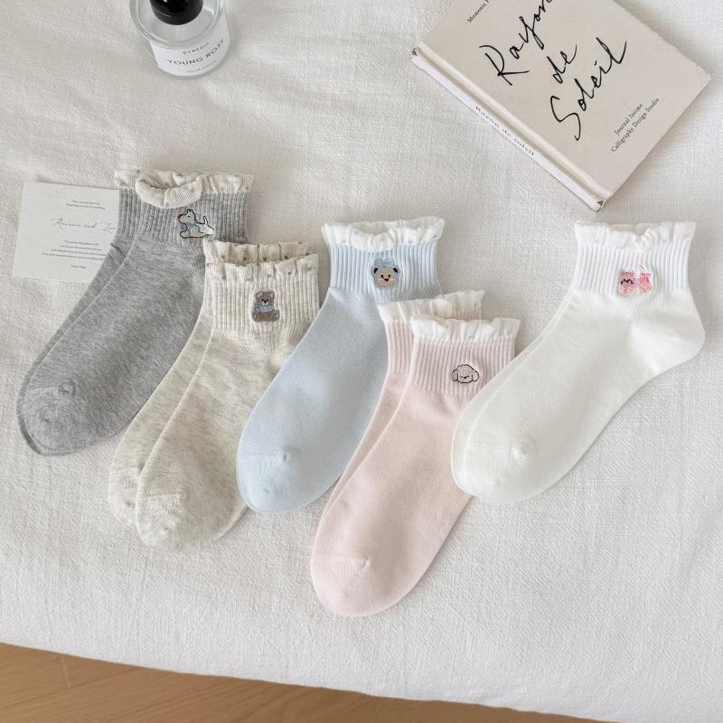 Boneless mesh mid-calf socks, black fungus edge embroidered little dog color-blocking pile socks, summer breathable and sweat-absorbing women's socks Specification image