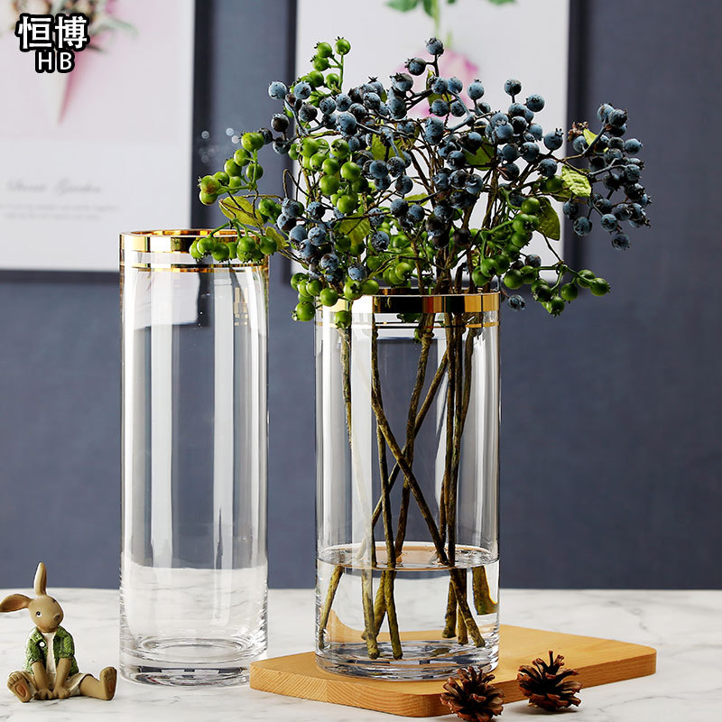 现货批发外贸创意简约加厚金口直筒玻璃花瓶北欧轻奢家居装饰摆件