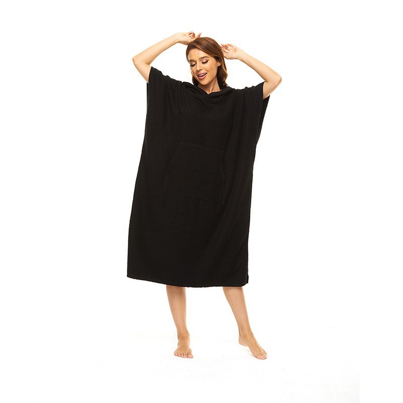 超细纤维毛圈连帽斗篷吸水速干浴衣游泳冲浪成人换衣浴袍沙滩巾白底实物图
