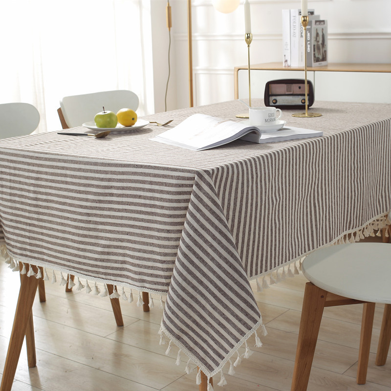 Japanese-style polyester-cotton simple striped plain tassel lace colored woven rectangular tablecloth, coffee table and tablecloth factory wholesale Specification image