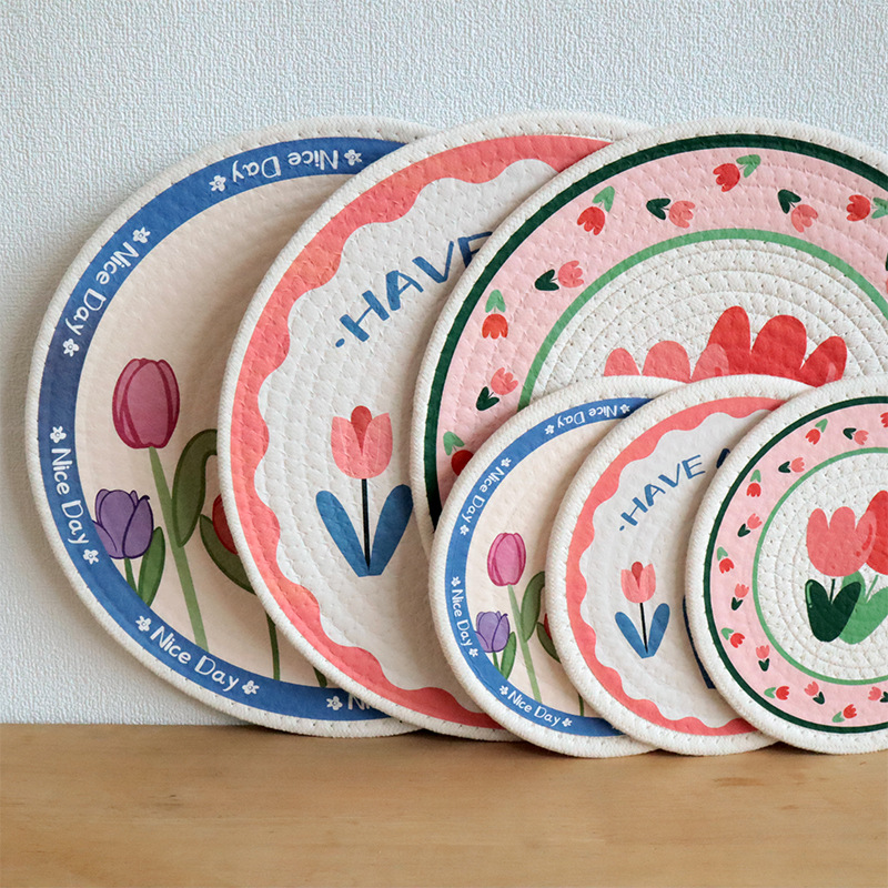 Heat insulation pads, Nordic style tulip print cotton rope heat insulation pads, coasters, Western placemats details Picture