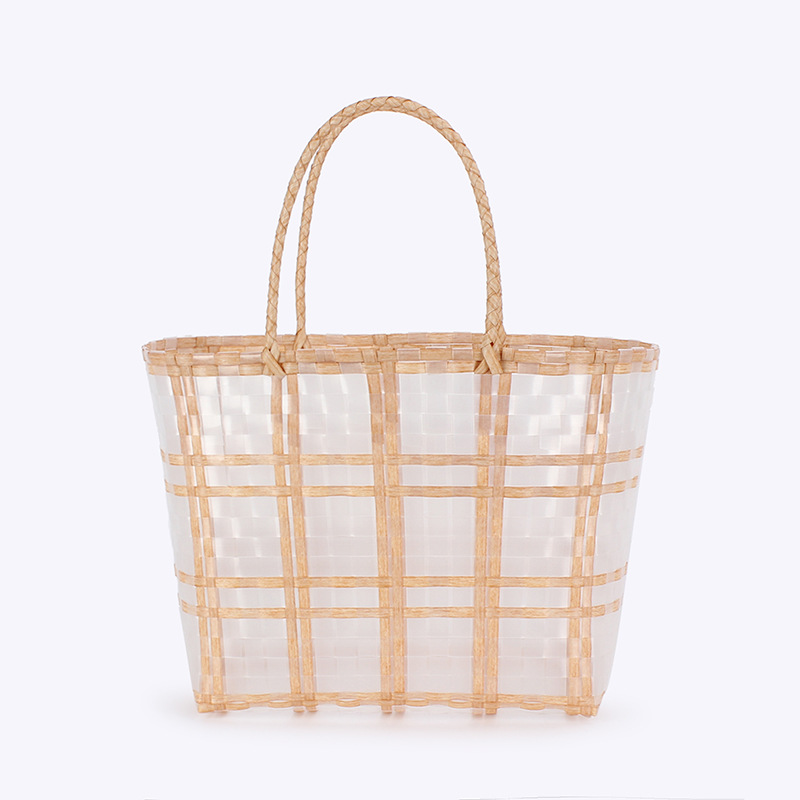 一件代发格子包条纹简约手拎菜篮子透明塑料沙滩手工编织包小号