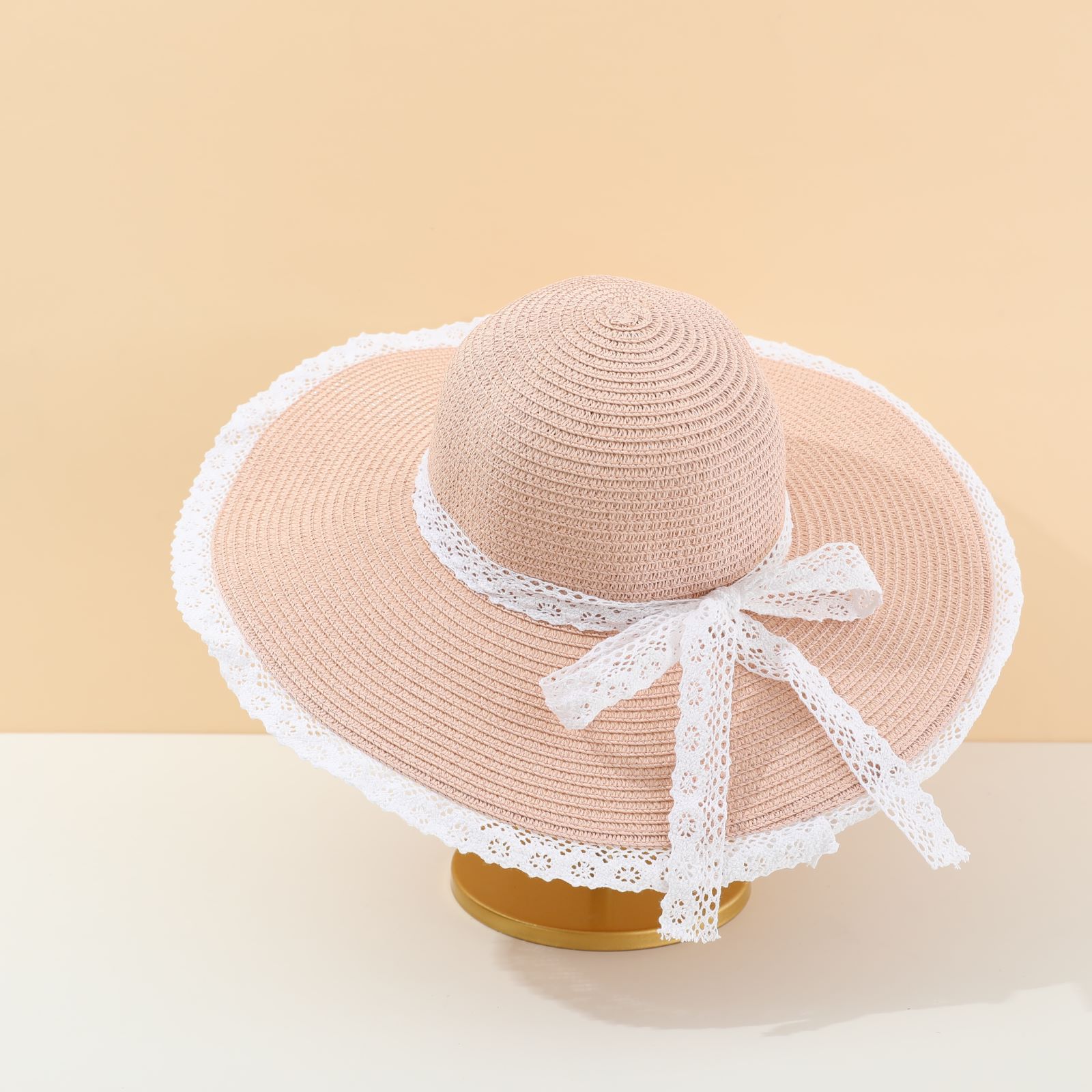 Summer lace-trimmed straw hat, bow woven sun hat, women's beach hat, wide-brimmed face-enhancing small mesh hat, women's spring and summer European and American hats details Picture