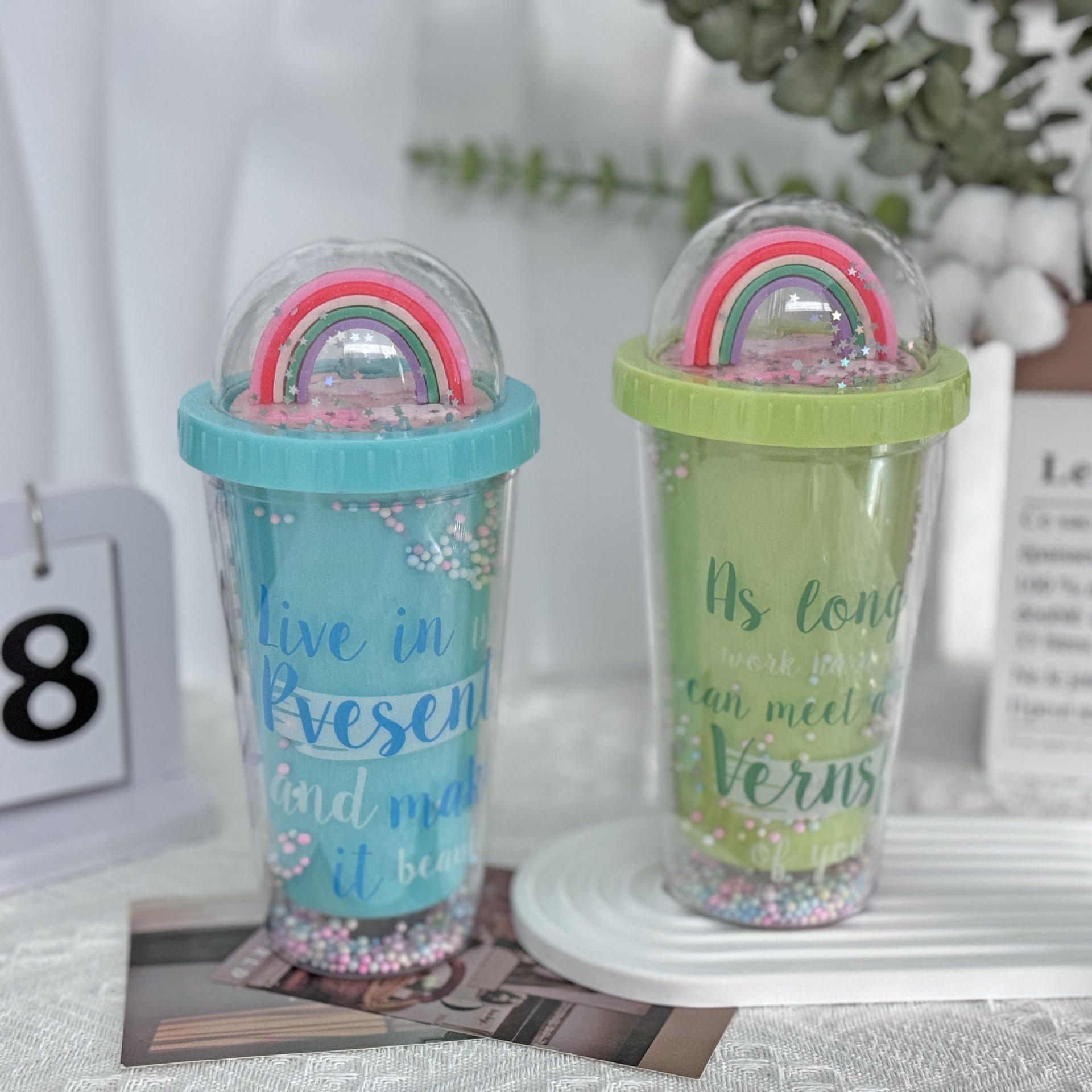 外贸新款塑料水杯批发夏日网红彩虹吸管杯微景观杯创意便携奶茶杯