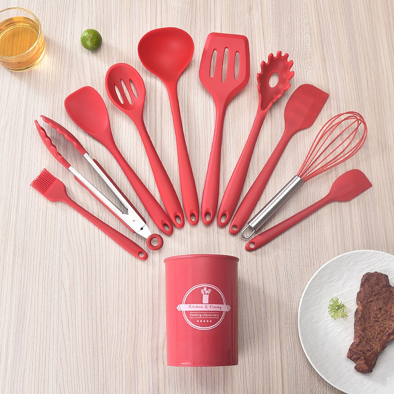 硅胶厨具11件套不粘锅铲汤勺漏勺刮刀厨房工具带桶多功能烹饪套装