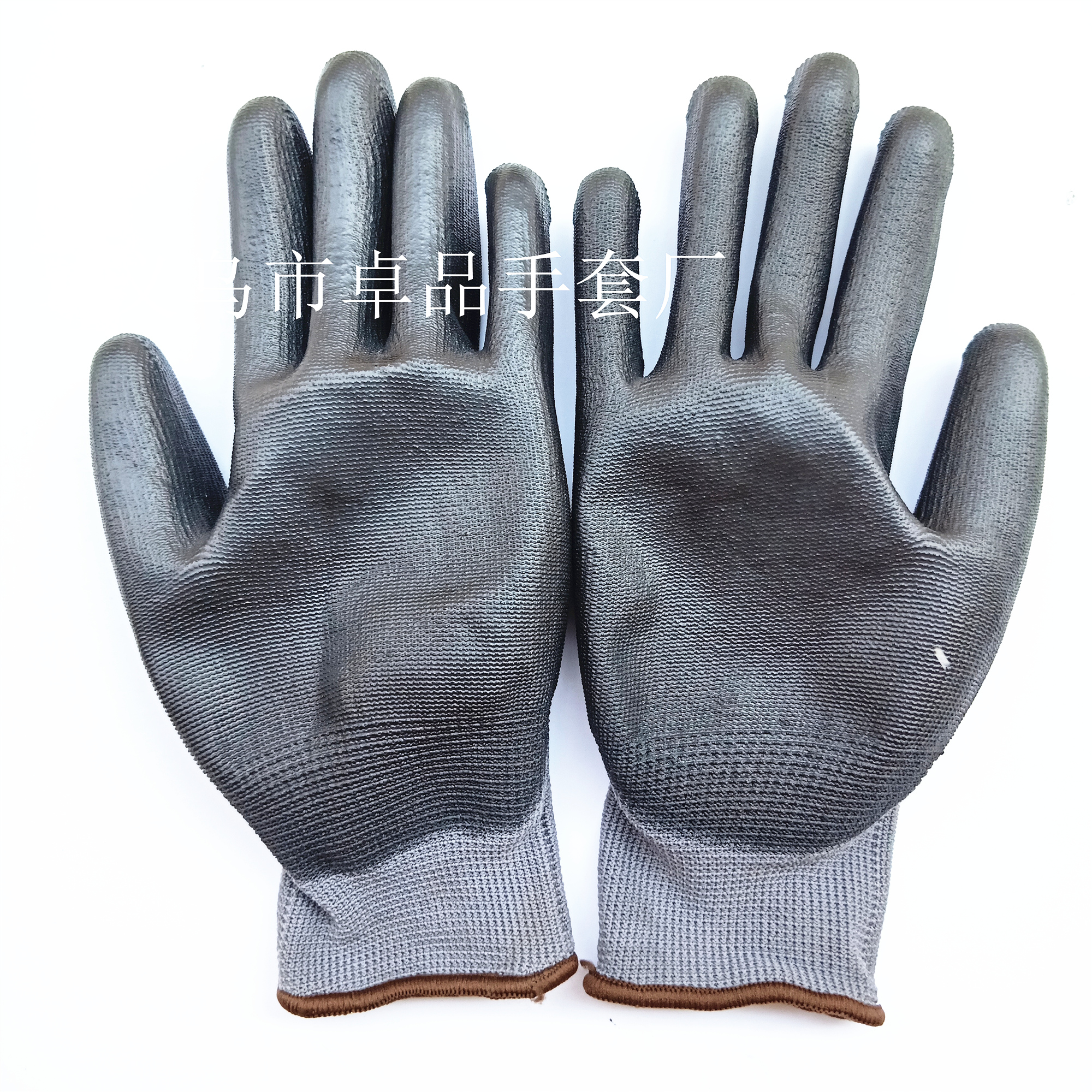 Factory direct sales of 13-needle nylon anti-static grey yarn black PU impregnated and coated palm gloves details Picture