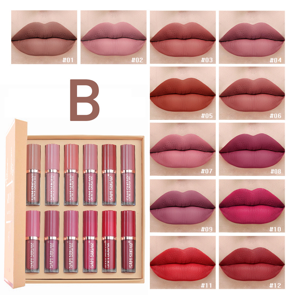 SAM Sugar 12-color Book Lip Gloss Set Matte Matte non-stick Cup Lip Gloss Lipstick Cross-border Makeup wholesale Item Picture