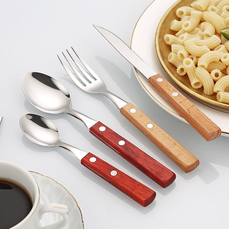 Solid wood 304 stainless steel knife, fork and spoon Japanese-style bright Western tableware, rosewood handle steak knife, fork and spoon four-piece set Specification image