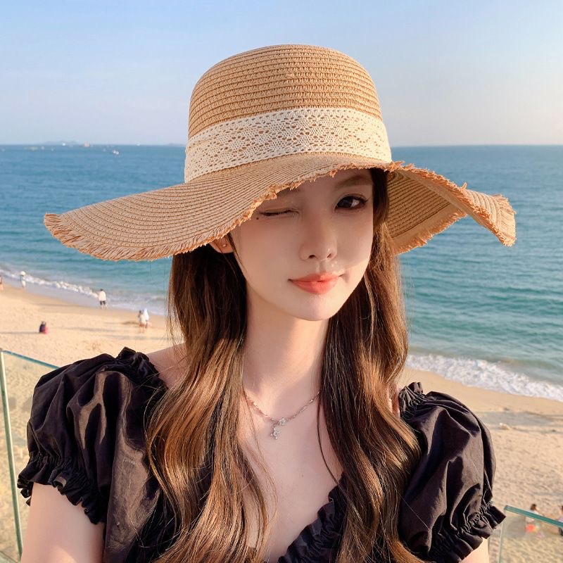 Summer new ladies' lace bow wide-brimmed straw hat, straw woven sun protection hat, fringed fringe beach hat, seaside vacation, travel, outdoor leisure sun hat, beach sun hat Specification image