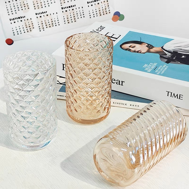 Ins-style embossed threaded glass cups, American coffee cups, soda water beverage juice cups, milk breakfast glass cups details Picture
