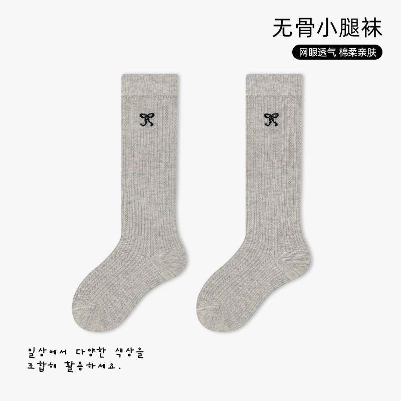 Girls' spring and autumn bow-shaped thin mid-calf socks, trendy high appearance level calf socks, school style, cute style Item Picture
