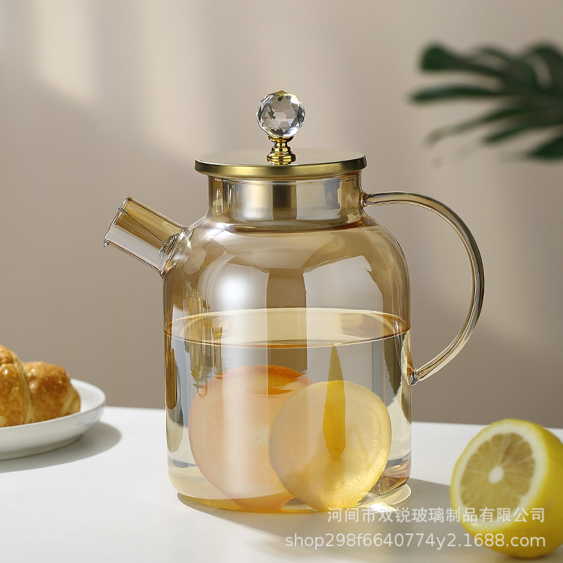 Glass cold water bottle, cool water bottle, high borosilicate glass large-capacity cold water cup, tied pot, amber gold light luxury bamboo lid pot Item Picture