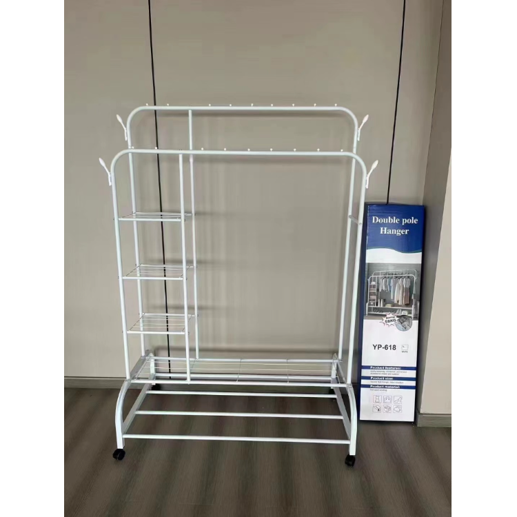 Thickened clothing storage, balcony floor-standing household storage rack, coat rack, indoor hanging clothes drying rack, simple double-pole type details Picture