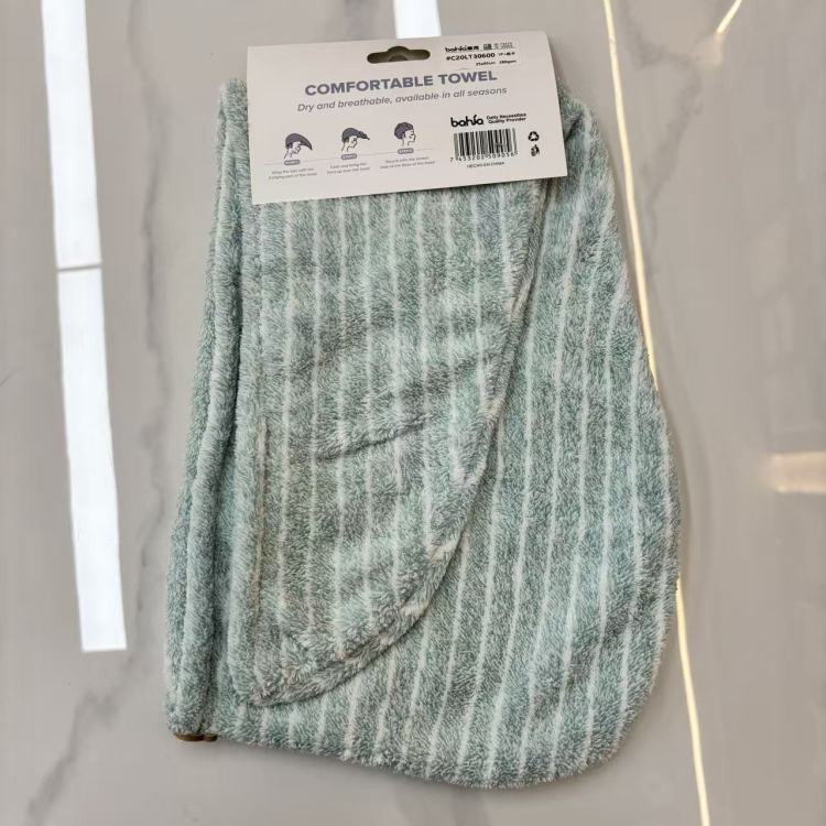 Coral fleece dry hair cap, absorbent quick-drying shower cap, white striped shower bag headscarf Application Scenario