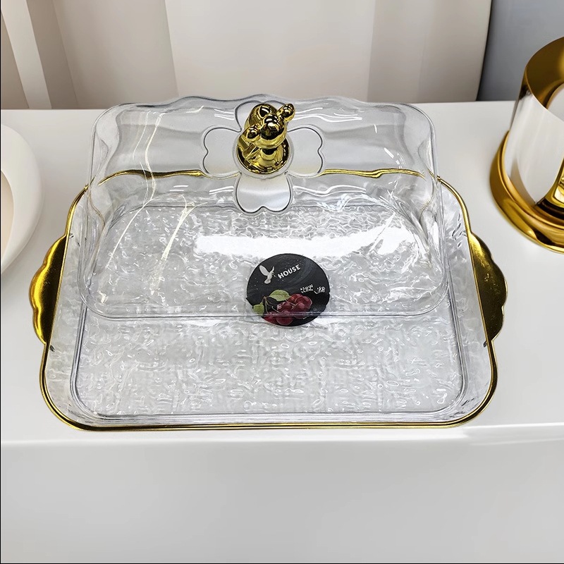 水果盘透明金边加盖轻奢小熊餐厅酒店咖啡点心托盘零食糖果跨境细节图