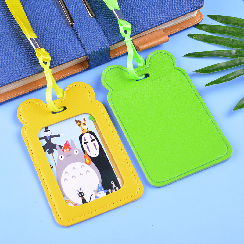 New leather card holder, cute cartoon easy-pull rope buckle, cat ear card, nurse name tag, work certificate, bus card hanging