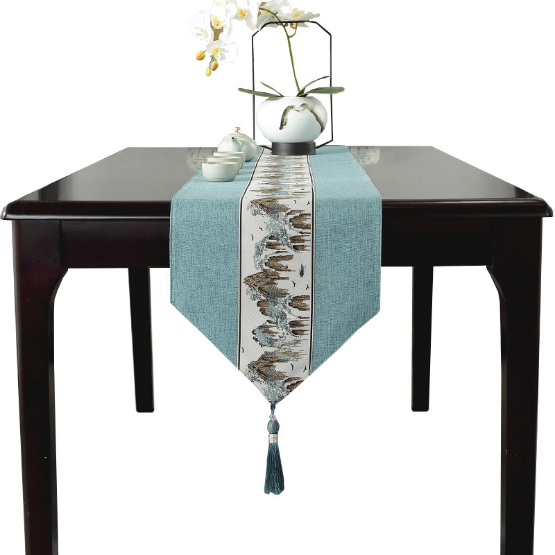 New Chinese-style waterproof table flag, tea ceremony Zen, Chinese-style tea setting, tea table, fabric long tablecloth, cotton and linen tea room tablecloth Application Scenario