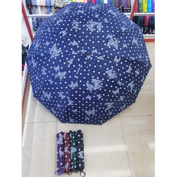 New three-fold umbrella, folding hand-opening portable umbrella, black plastic butterfly polka dot pattern umbrella, enlarged and thickened sunshade umbrella Application Scenario
