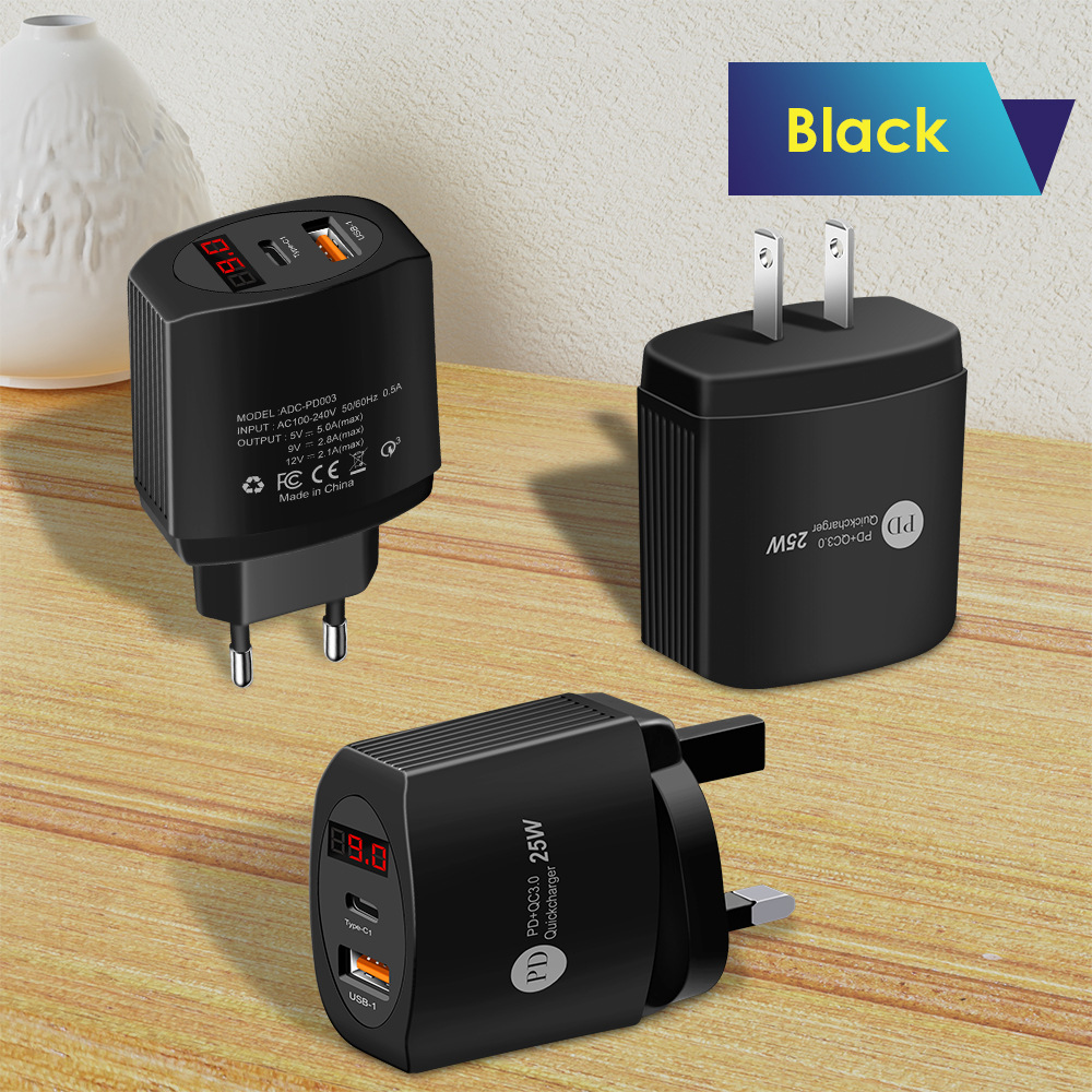 739数字显示PD+USB手机充电器欧美英规PD25W+QC3.0手机快充充电头