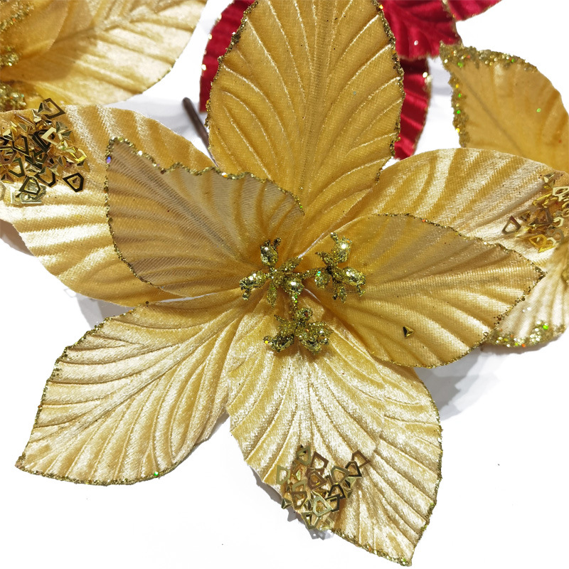 跨境热销圣诞装饰花金银红手工绒布圣诞花圣诞树花环藤条装饰品