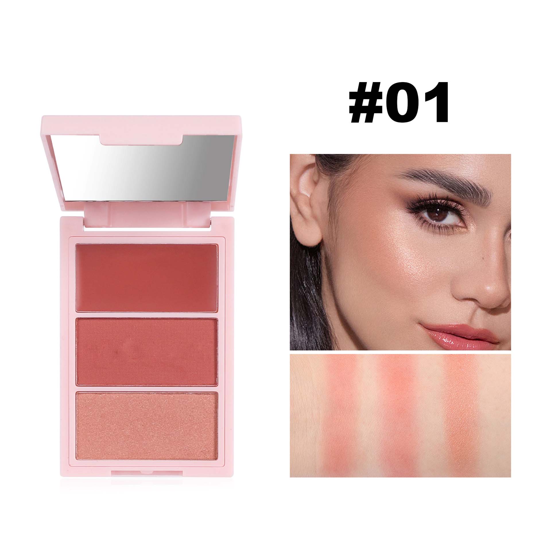 Mineral multi-functional three-color color-changing blush set, long-lasting Highlighter Contouring and brightening powder facial set Specification image