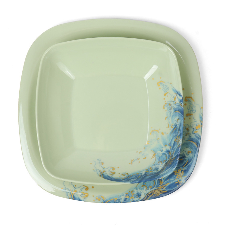 跨境方盘密胺仿瓷深盘餐厅菜盘商用酒店深盘方形盘子炒菜餐盘汤盘白底实物图