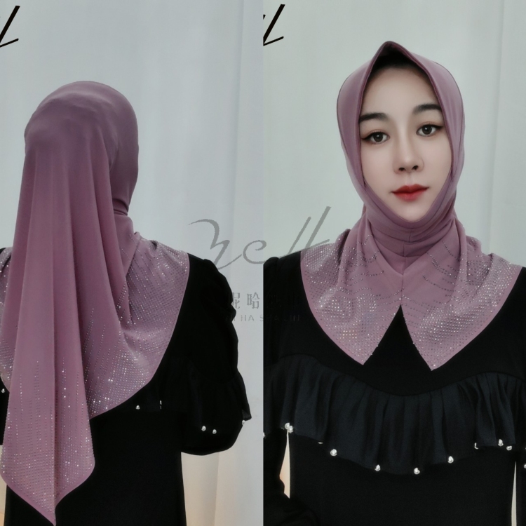 时尚竖条烫钻阿拉伯Hijab前开叉透气大版软帽檐妮哈纱巾工厂店
