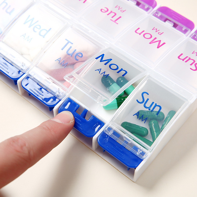 Press spring medicine box, English version, double-row 7-day portable medicine box, double-row 14-compartment medicine box for one week details Picture
