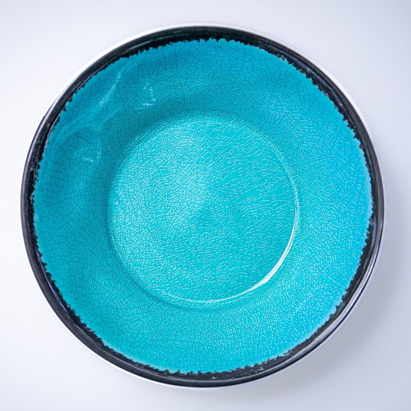 High-end blue and green ice-crack glazed plate and bowl set, creative melamine imitation porcelain tableware, restaurant plates and bowls Application Scenario