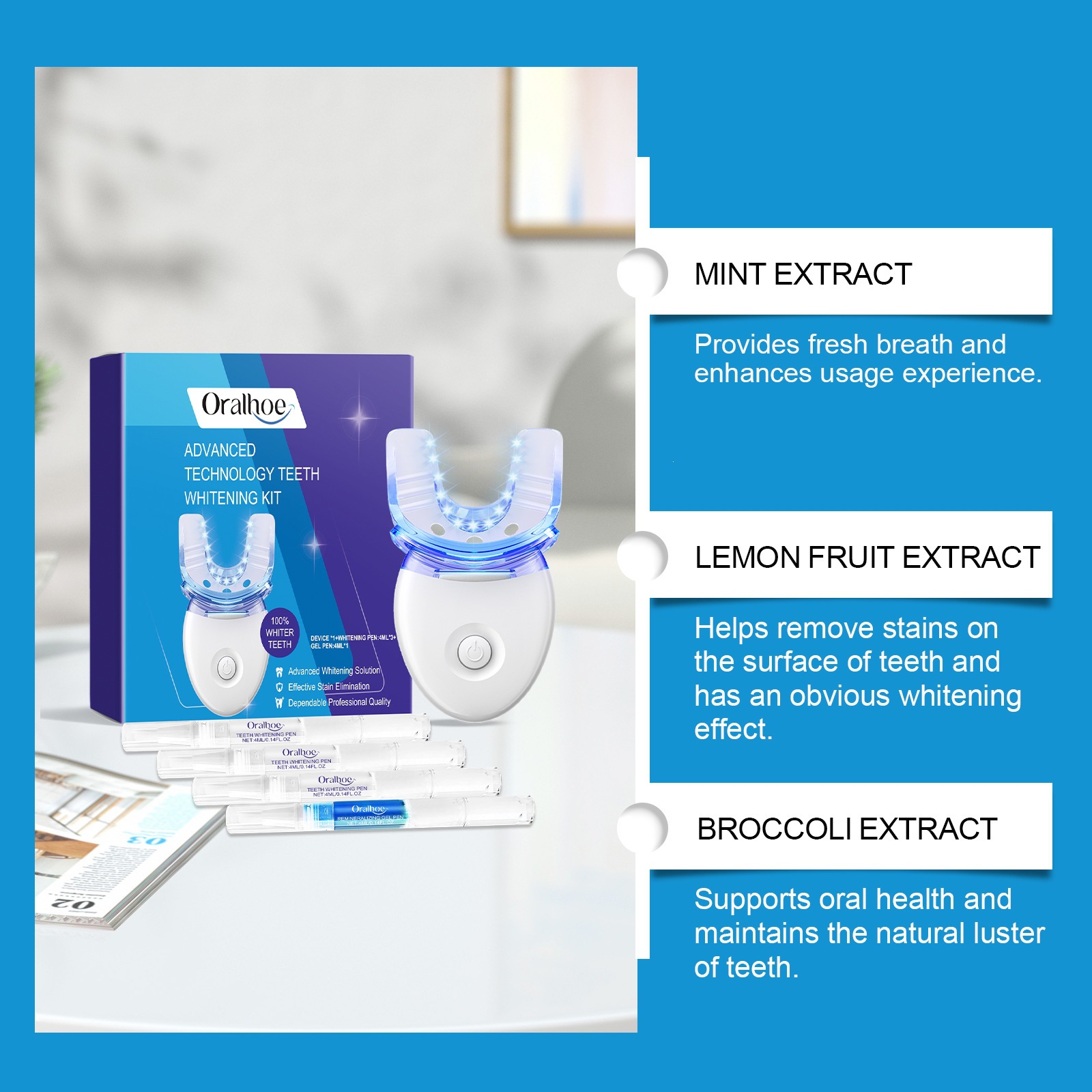 Portable home dental care set for cleaning bad breath and protecting teeth. English packaging Specification drawing